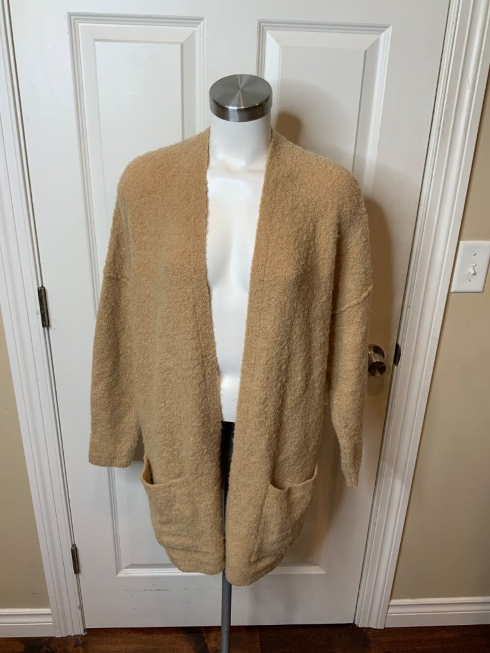 Free People Tan Boiled Wool Oversized Open Front Cardigan Sweater, Size M